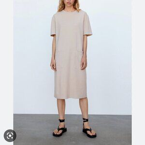 ZARA Oversized Taupe Short Sleeve Casual Midi Tunic Dress US L